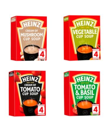 Heinz Cup Soup Variety Pack Vegetarian - 4 Delicious Flavors: Cream of Tomato Cream of Mushroom Vegetable Tomato & Basil - Instant Comfort in Every Sip (4 x 4 Sachet Boxes - 16 Sachets Total)