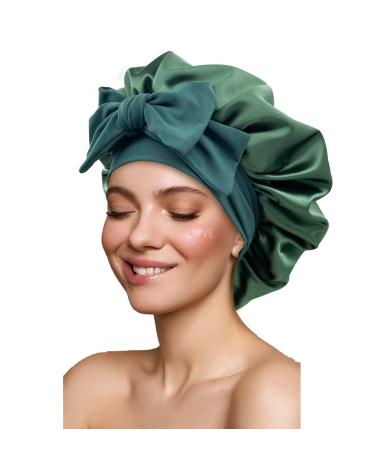 Satin Bonnet Silk Bonnet Hair Bonnet for Sleeping Large Bonnets with Tie Band Hair Wrap with Adjustable Straps Hair Cap Night Sleep Caps for Women Curly Braid Hair Hunter Green