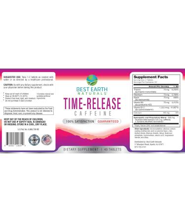 Best Earth Naturals Time Release Caffeine with L-Tyrosine Vitamin B6 Vitamin B12 Thiamin & More - Energy Supplement for Women and Men - 40 Count - Buy Online on GoSupps.com