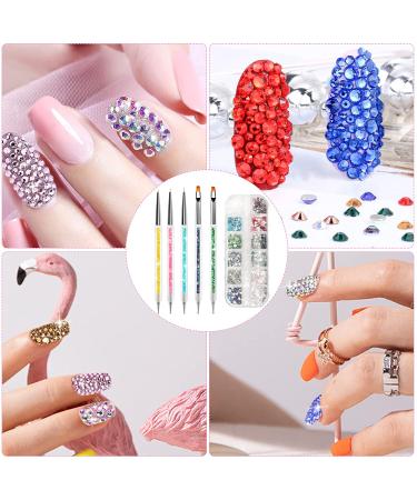 Nail Brush Rhinestones Set - 12 Colors AB Crystal Rhinestones for Nails | 5PCS Double-Ended Fine Liner Acrylic Nail Brush | Nail Art Design Kit with Upgraded Point Drill Drawing Brush Pen - Dotting Tools Included - Buy Online on GoSupps.com