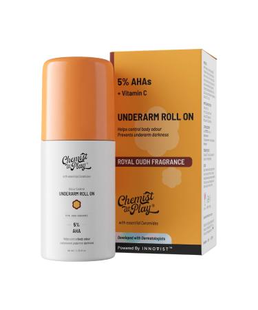 UnderArm Roll-On with 5% AHA Lactic Acid & 1% Mandelic Acid | Prevents Body Odour Brightens Skin & Exfoliates Underarm | For Sensitive Skin | Royal Oudh Fragrance | Alcohol Free-40ml 1.4 Fl Oz (Pack of 1) Royal Oudh