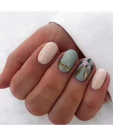 Ceboic 24Pcs Square False Nails Short French Tip Press on Nails Flower Pattern Glossy Removable Glue on Nails with Gold Line Designs Acrylic Full Cover Stick on Nails for Women Girls Gold Line & Flowers