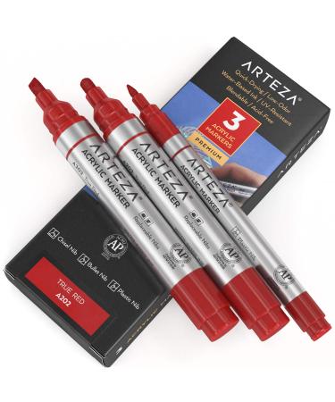 ARTEZA Acrylic Paint Markers Pack of 3 A202 True Red 1 Thin and 2 Thick (Chisel + Bullet Nib) Acrylic Paint Pens for Metal Canvas Rock Ceramic Surfaces Glass Wood and Fabric Set of 3 TRUE Red A202
