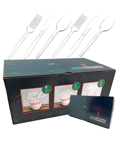 400 Piece Heavy Duty Clear plastic cutlery 190 Plastic Forks, 140 Plastic Spoons, 70 Plastic Knives Clear Plastic Cutlery Utensil Set Disposable Clear Forks, Clear Plastic Spoons, Clear Plastic Knives 400 Piece Set