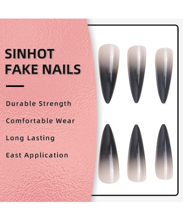 SINHOT Extra Long Stiletto Press on Nails - 24pcs Black Gradient Almond Acrylic False Nails with Glue - Buy Online on GoSupps.com