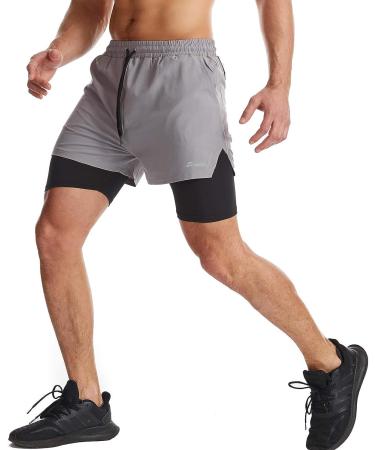 Surenow Men's 2 in 1 Running Shorts with Liner, Quick Dry Athletic Workout Shorts - Light Grey, Medium - Buy Online on GoSupps.com