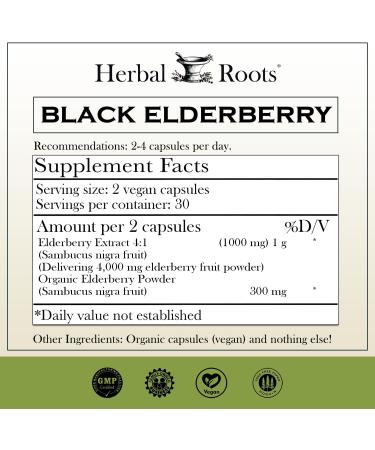 Organic Herbal Roots Black Elderberry Capsules | Max Strength 4 300mg | Vegan, Pure & Made in the USA - Buy Online on GoSupps.com