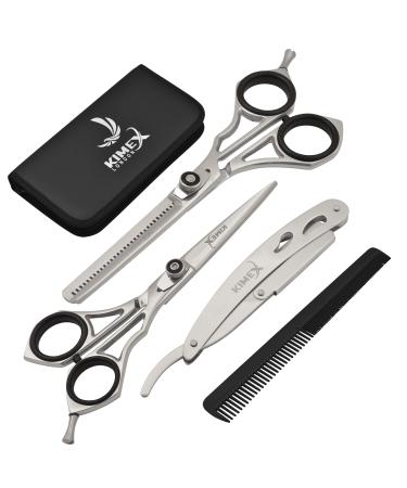 KIMEX LONDON Hairdressing Barber Hair Scissor set for Professional Hairdressers Barbers- Stainless Steel Hair Cutting Shears- Complete set of Scissor+ Thinning Scissor Razor+ Hair Combs+ Leather Cover Silver - Buy Online on GoSupps.com