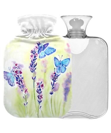 NAANLE hot hot water bottle with cover watercolor butterfly lavender transparent hot water bottle hot water bottle to relieve back pain handwear warmers neck-hot and cold therapy 2 l