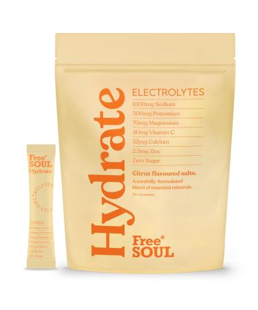 Free Soul Hydrate | Electrolyte Hydration Sachets with Sodium Magnesium Vitamin C & More | Zero Sugar Advanced Electrolyte Powder for Daily Use | Citrus Salt Flavour | 30 Sachets Citrus 30 Servings (Pack of 1)