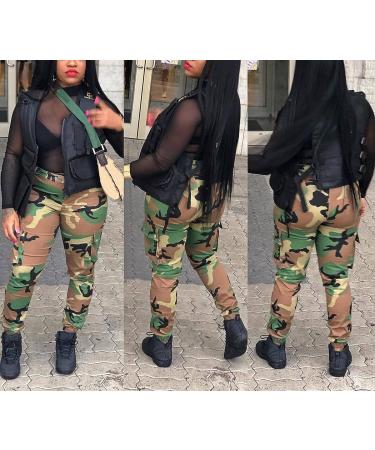 Vakkest Women's High Waist Cargo Camo Pants | Slim Fit Camouflage Joggers with Belt | Army Green XX-Large - Buy Online on GoSupps.com