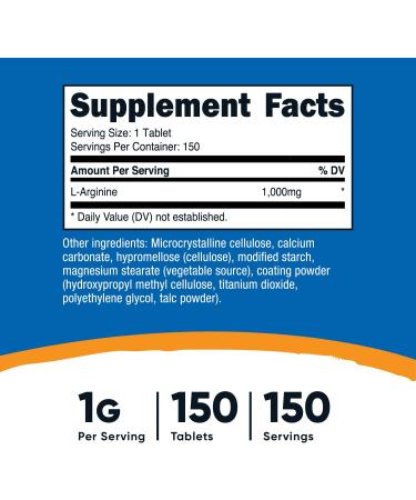 Nutricost L-Arginine 1000mg Amino Acid Tablets - 150 Tablets - Buy Online on GoSupps.com