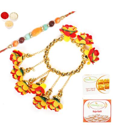 Ghasitaram Gifts Rakhis Online - Rakhi for Brother-TK-27 Bhaiya Bhabhi Rakhi with 200 GMS of Besan Barfi and 200 GMS of Kaju Katli Rakhi Set with 200 gms of Besan Barfi & Kaju Katli