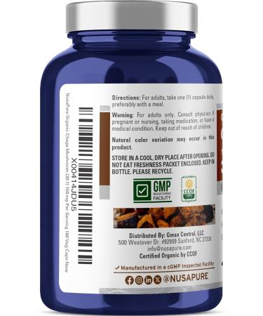NusaPure Chaga Mushroom 20:1 Extract 150 mg Equivalent to 3 000mg per Veggie Capsule 180 Count USDA Organic Vegan Non-GMO 180 Count (Pack of 1) - Buy Online on GoSupps.com