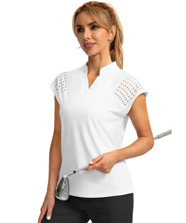 Soothfeel Women's Golf Shirt Cap Sleeve V Neck Polo Shirts Lightweight Quick Dry Workout Tennis Shirts Tops for Women A-white Medium