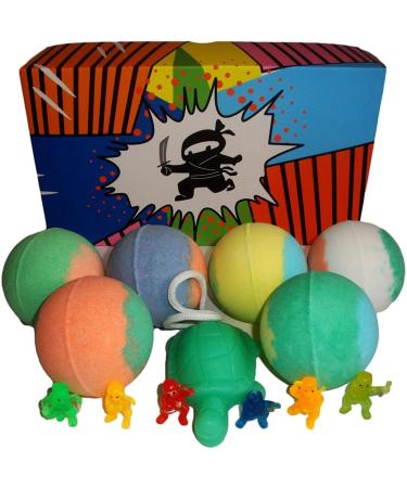 Kids Bath Bombs with A Surprise Ninja Toy Inside & Turtle SOAP ON The Rope Colored XL Bath Bombs Kid Safe Designed for Boys with Organic Essential Oils