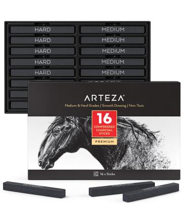 ARTEZA Compressed Charcoal Sticks  Set of 16  Medium and Hard Grade Sketching Crayons  Art Supplies for Drawing and Shading