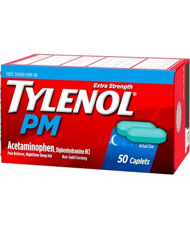 Tylenol PM Extra Strength Caplets - 500mg Acetaminophen & 25mg Diphenhydramine for Nighttime Pain Relief - Non-Habit Forming - 50 ct - Buy Online on GoSupps.com