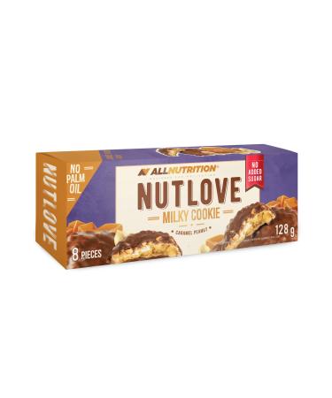 ALLNUTRITION Nutlove Cookies No Sugar Added Cakes - Milk Chocolate Cookies with Peanut and Caramel Filling - Low Calorie Treats - 1 Box x 128g