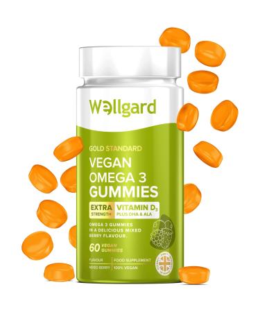 Wellgard Vegan Omega 3 Gummies by Wellgard - Chewable Algae-Derived DHA & ALA Omega 3 Supplements Allergen-Free Natural Flavour Formulated in UK