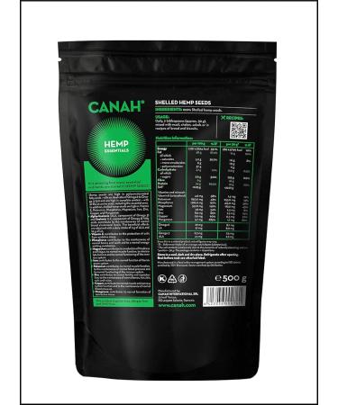 Canah Natural Hemp Seed Raw Shelled (Hulled) Hearts 500 g Vegan High in Protein Fiber Omega 3 & Omega 6 Amino Acids Vitamins and Minerals Certified Kosher + Free Bonus Recipes 500g - Buy Online on GoSupps.com