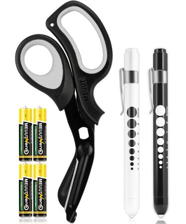 MEUUT 3 Pack Penlight & Medical Scissors- One 8 Inches Patented Trauma Shears Two LED Pen light with Four Batteries - Bandage Scissor for- Nurse First Aid EMT Doctor Black Shear+white&black Penlights