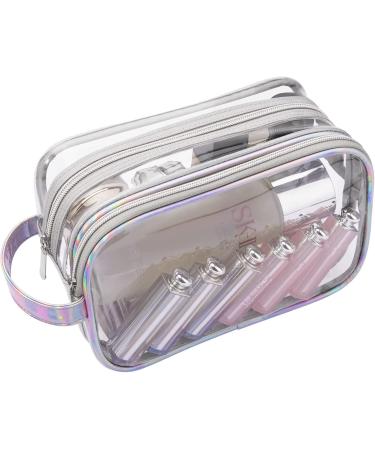 Lermende Clear Toiletry Makeup Bag, 2 Layer Clear Makeup Pouch for Travel Portable Makeup Organizer Bag Water-Resistant PVC Large Cosmetic Toiletry Bag for Girl and Women sideSilver