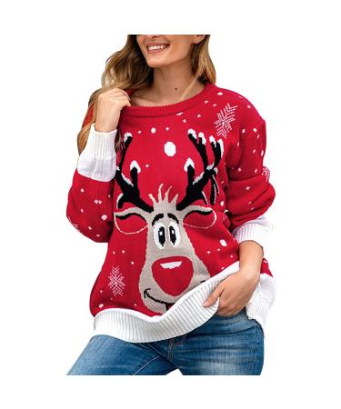 Genetic women Christmas sweater Christmas sweater with reindeer pattern knitting sweater round-arm warm knitting sweater winter sweater women sweater elegant black sweater women 11-red m