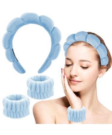 Sibba 3pcs sponge spa headband for women soft make -up wrench washbear set skin care head bands Terry fabric bubbles hair band For face washing removal yoga sport shower (blue)