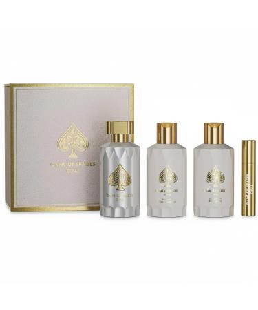 Jo Milano Game Of Spades Opal 4-Piece Gift Set | 3.4 oz Parfum Spray 6.8 oz Body Cleanser 6.8 oz Body Cream 0.27 oz Refillable Atomizer | Long Lasting Fragrance for Men and Women (Unisex)