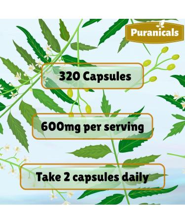 Puranicals Neem Premium 320 Capsules Non GMO and Gluten Free | Herbal Supplement | 600 mg Per Serving | Made with 100% Pure Herb Neem Powder - Buy Online on GoSupps.com