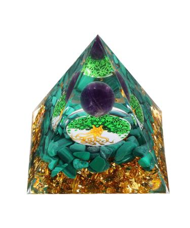 Handmade Orgone Pyramid for Positive Energy Amethyst Crystal Sphere Pyramid Protection Crystals Energy Generator for Stress Reduce Healing Meditation Attract Wealth Lucky (Green Tree of Life)