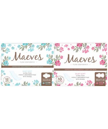 Maeves Ultra Thin Sanitary Pads for Women Silky Soft Highly Absorbent Pads with Wings 2 Absorption Levels for Moderate to Heavy Flows - 22 Count (Regular + Super)