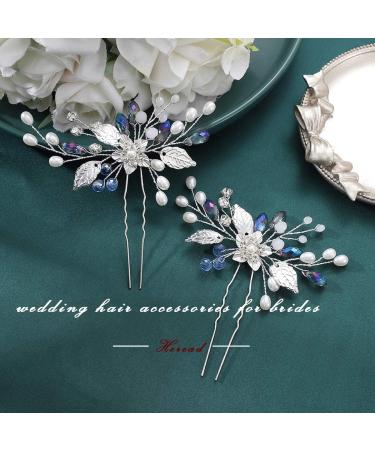 Blue Rhinestone Flower Bride Wedding Hair Pins - Bridal Hair Accessories (Pack of 2) - Buy Online on GoSupps.com