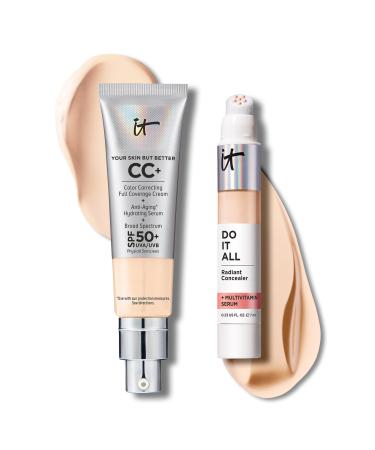 IT Cosmetics CC+ Cream with SPF 50+ Natural Finish Full Coverage Foundation (Fair Warm - 1.08 fl oz) & Do It All Radiant Concealer Multivitamin Serum Makeup (120 Fair Warm - 0.2 fl oz)