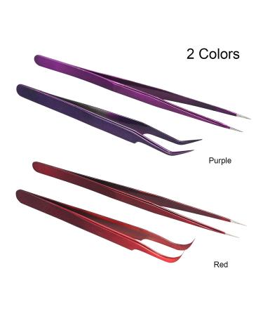 2-Piece Stainless Steel Eyelash Extension Tweezers Set - Straight & Curved | Purple Makeup Tools - Buy Online on GoSupps.com