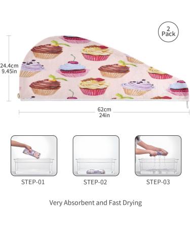 Buy Watercolor Cupcakes Dry Hair Cap & Quick Drying Towel Set | Super Absorbent 2-Piece Set with Button Headband - Soft & Comfortable for All Hair Types - Buy Online on GoSupps.com