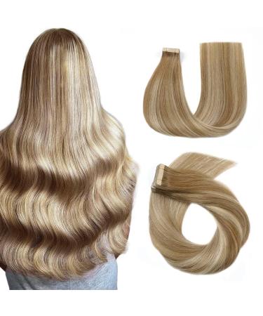 Hotlulana tape in Extensions real hair balayage light brown with gold blonde (#10/10/22) Extensions real hair 16 inch/40cm 40g Skin WEFT 100% natural Invisible tape extensions real hair.#10/10/22 light brown with gold blonde 40cm-16 inch (40 pack)