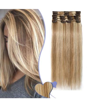 Elailite Clip in Extensions Real Human Hair - (8 PCs 18 Clips hair extension real hair clip) - smooth 25cm 50g #12/613 golden brown & bleached blonde