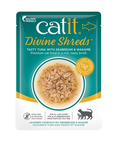 Catit Divine Shreds Wet Cat Food Toppers Tuna with Seabream & Wakame 75 g Pack of 18 Retail Units
