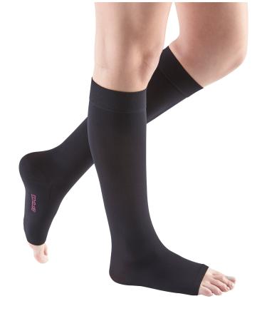 mediven Comfort for Women 20-30 mmHg Open Toe Leg Circulation Calf High Compression Stockings for Women Semi-Transparent Leg Support Compression Hosiery V-Extra Wide - Petite ebony