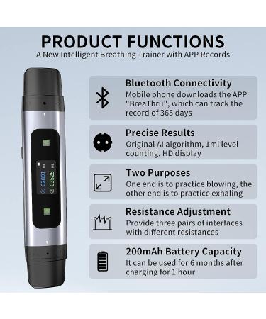 Smart Breathing Trainer with Guided App - Personal Breathing Test Device for Asthma, Musicians, Smokers, Athletes - Silvery - Buy Online on GoSupps.com