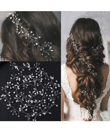 Fanvoes Silver Pearl Wedding Hair Vine Headband with Rhinestone Crystal Ivory Bead - 40'' Inch - Bridal Hair Accessories - Buy Online on GoSupps.com