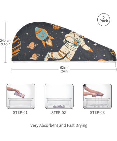 Super Absorbent Astronauts Spaceships Planets Hair Towel 2 Pack - Quick Dry Turbans for Women & Girls - Buy Online on GoSupps.com