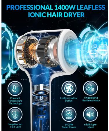 Ionic Hair Dryer Chignon Hair Blow Dryer 1600W Lightweight Fast Drying with 2 Concentrator Nozzles 3 Temperature /2 Speed for Home Travel - Buy Online on GoSupps.com