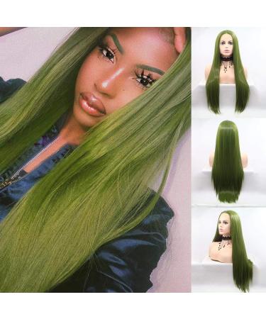 Olive green long silky just synthetic lace front wigs for women natural hairline dark green lace wig with middle section Top 180% dense half hand bound heat -resistant