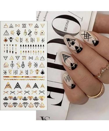 Geometric Nail Art Stickers - Black Gold Triangular Rhombus Design - DIY Manicure Decals for Women - 8 Sheets - Buy Online on GoSupps.com