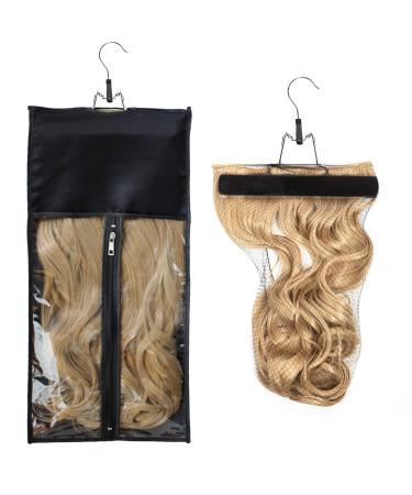 RJMBMUP 1 Pack Hair Extension Satin Storage Bag with Hanger Wig Holder Storage Bag Bundles Hairpieces Ponytail Wig Satin Carrier Case with Hanger for Store Style Hair Travel Black Color 1 pack  Black with window