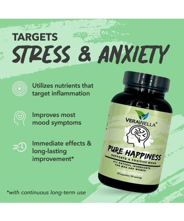 VeraWella Pure Happiness Mood Boost Capsules - All-Natural Stress Support with St. Johns Wort, 5HTP, Turmeric & Ginkgo Biloba - 60 Capsules - Buy Online on GoSupps.com