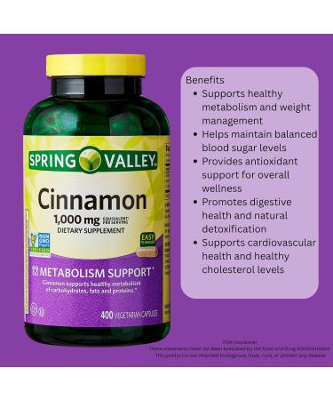Cinnamon Dietary Supplement Capsules 1000 mg 400 Count Supports Metabolism & Overall Wellness Vegetarian Non-GMO Allergen-Free - Exclusive Vitamin Guide Included - Buy Online on GoSupps.com
